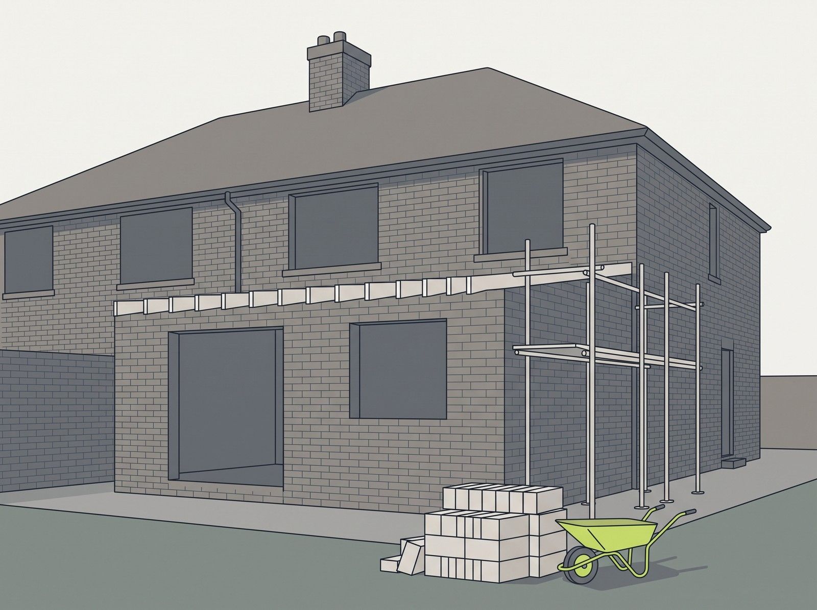 The back of a brick house with a single-storey extension being built, with scaffolding and a roof still to go on